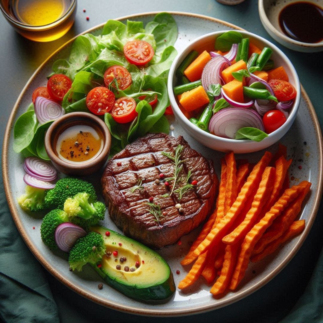 Assiette équilibrée avec des frites de patate douce