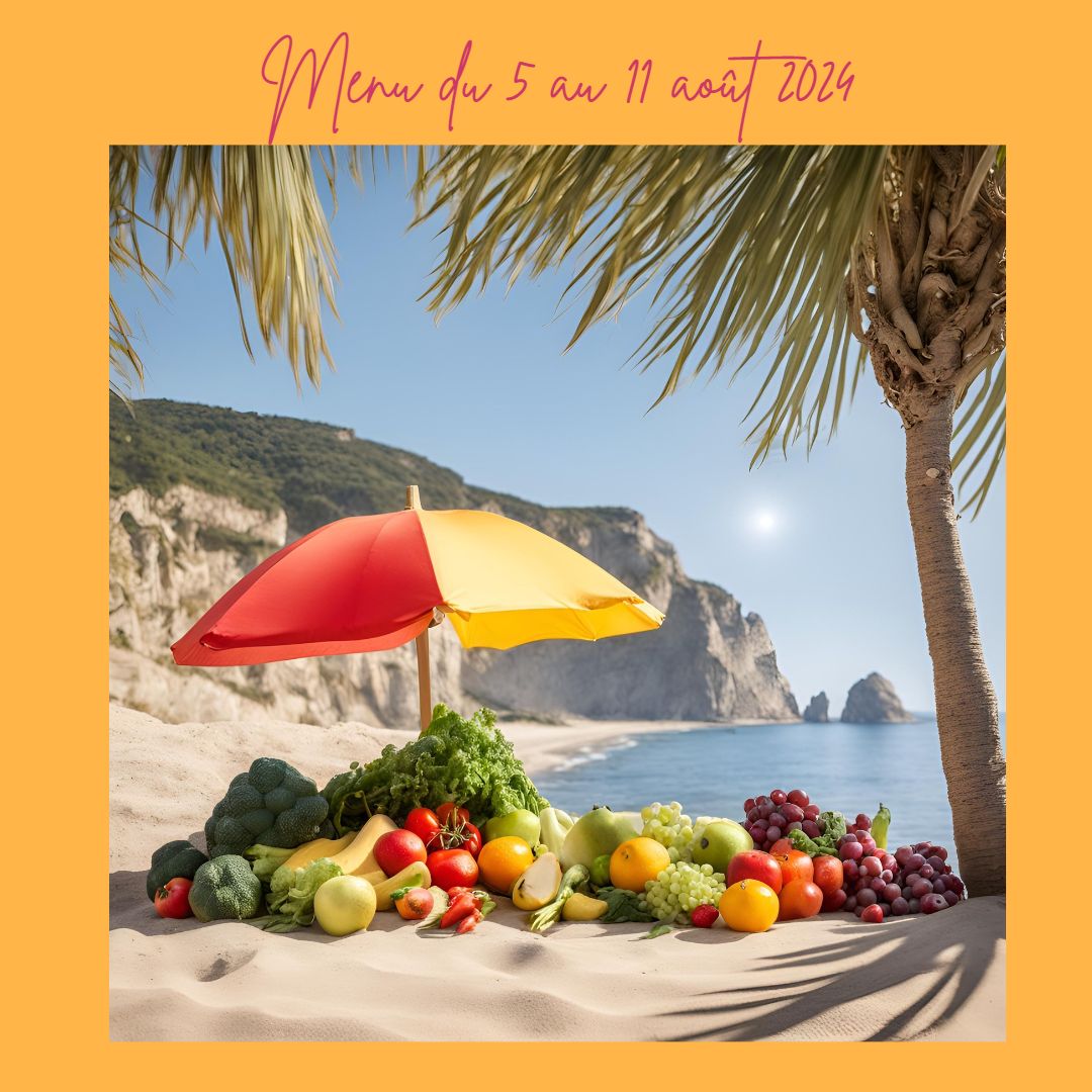 fruit et legumes sur le bord de la plage avec le soleil qui reflete sur l'eau, un parasol pour les proteger