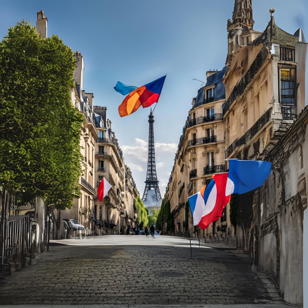 Vue emblématique de Paris avec des drapeaux olympiques