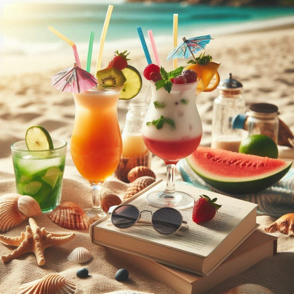 cocktails sans alcool sur une plage lors de vacances d'été seule avec un livre