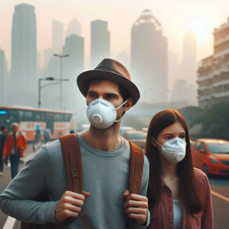 Image de personnes portant des masques anti-pollution dans une ville