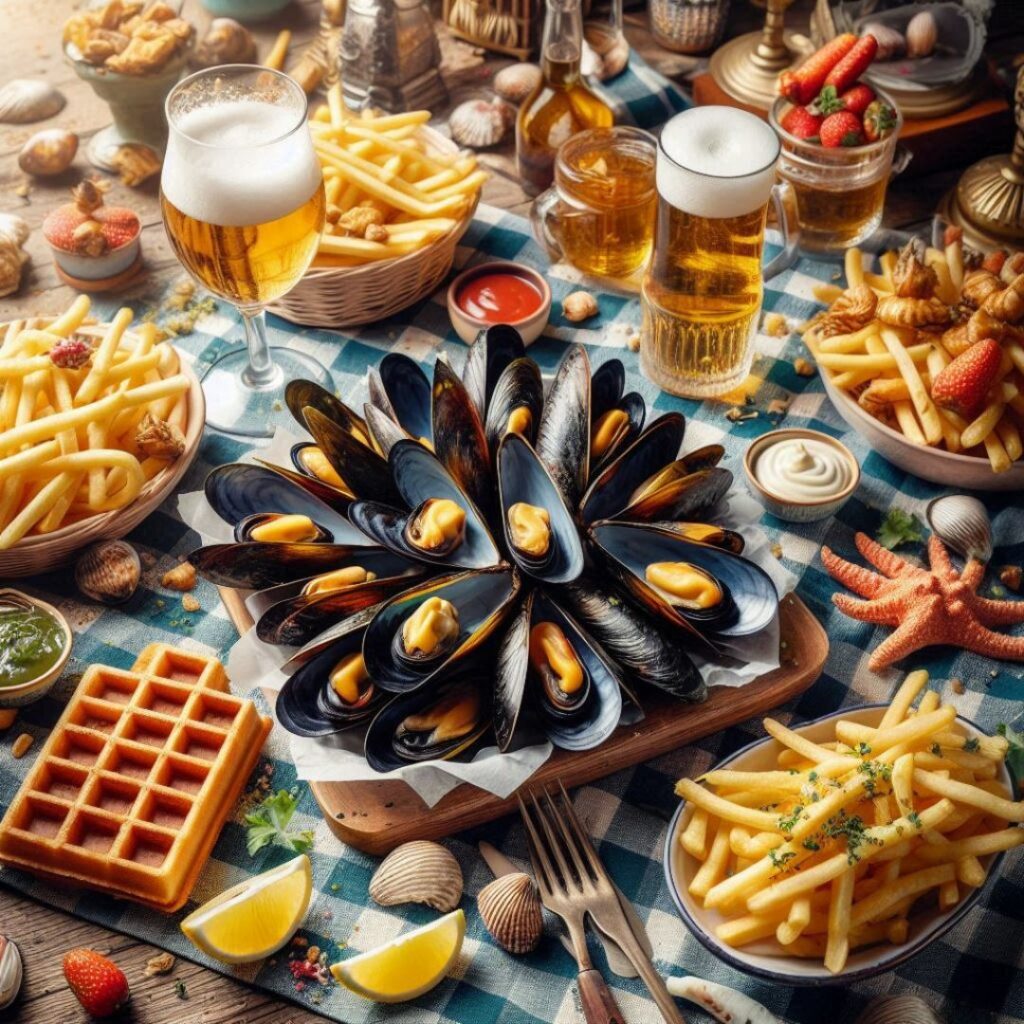 braderie de lille avec moule frites  et gaufre lilloise mis sur une table décoré