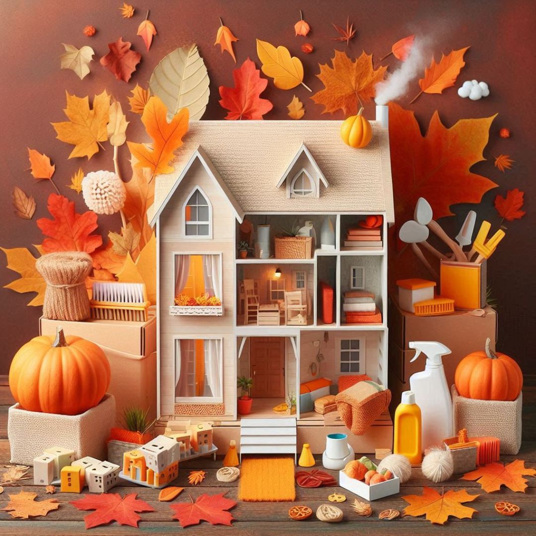 Scène automnale chaleureuse et invitante, centrée sur une maison miniature en coupe, où chaque pièce est soigneusement décorée. Autour de la maison, on voit des éléments typiques de l'automne : des feuilles colorées, des citrouilles, des outils de nettoyage, et des objets comme des brosses et des produits de nettoyage. Ces éléments suggèrent un ménage d'automne méticuleux, prêtant attention à chaque recoin de la maison.