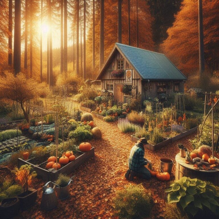 Jardin d'automne avec une petite cabane en bois entouré d'un jardin remplis de fleur, de légumes.