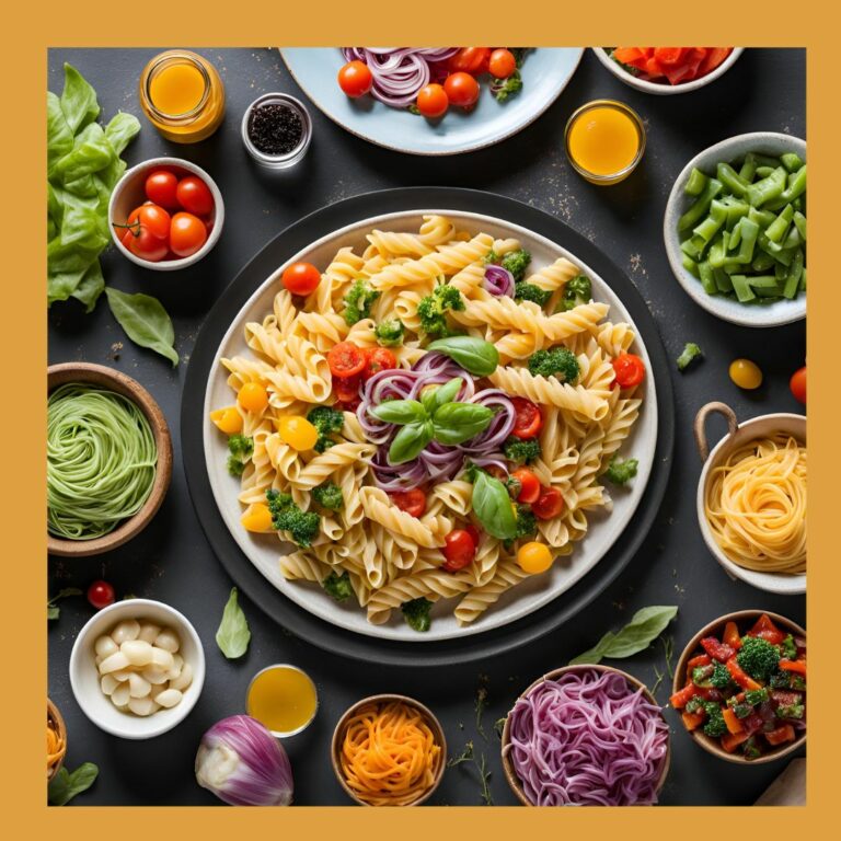 Assiette de pâtes au centre de la table avec des légumes colorés autour pour un déjeuner conviviale