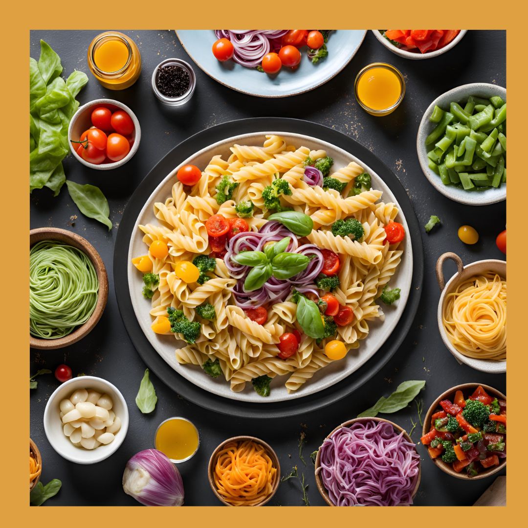 Assiette de pâtes au centre de la table avec des légumes colorés autour pour un déjeuner conviviale