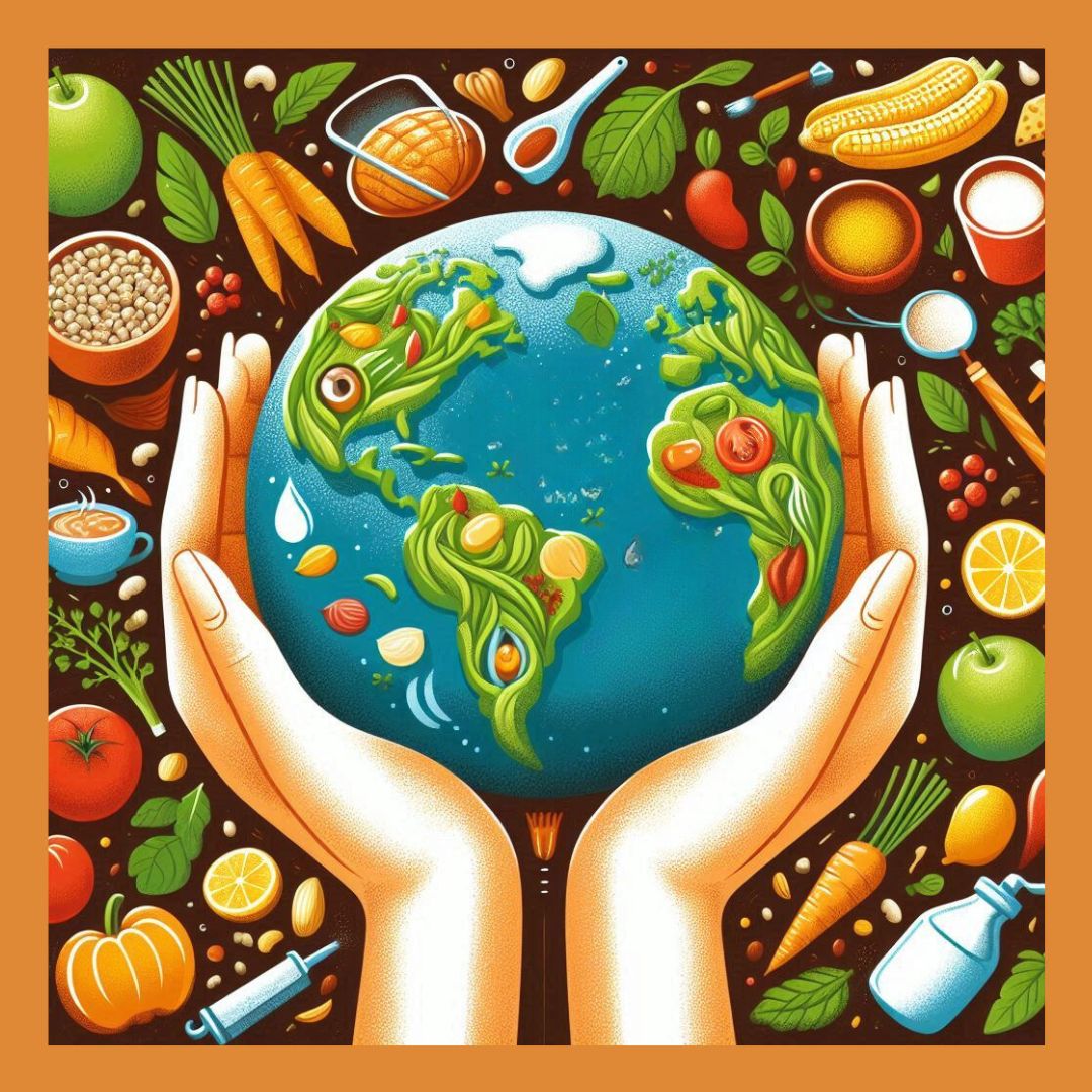 Un globe terrestre fait de légumes, tenu entre des mains, entouré d’aliments sains comme des fruits, des légumes, et des produits naturels. Cette image illustre l'importance de la nutrition durable et de l'alimentation équitable à l'échelle mondiale.