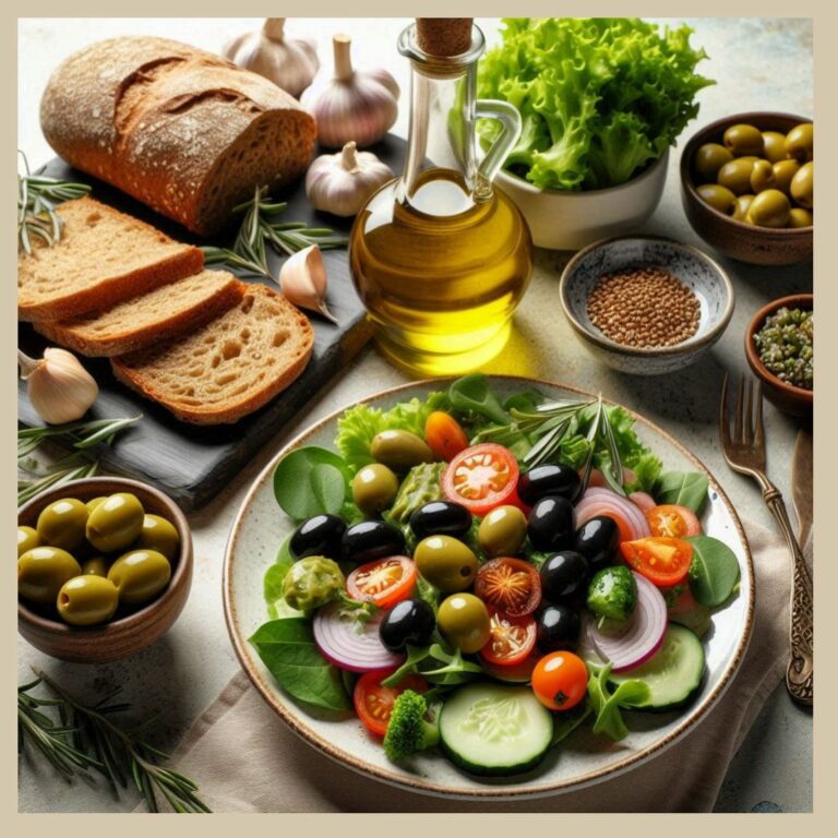 Une table garnie de pain rustique tranché, d'huile d'olive dans une carafe en verre, d'olives vertes et noires, de feuilles de salade, de tomates cerises et de gousses d'ail. Cette composition met en avant des ingrédients méditerranéens sains et savoureux, parfaits pour une salade équilibrée.