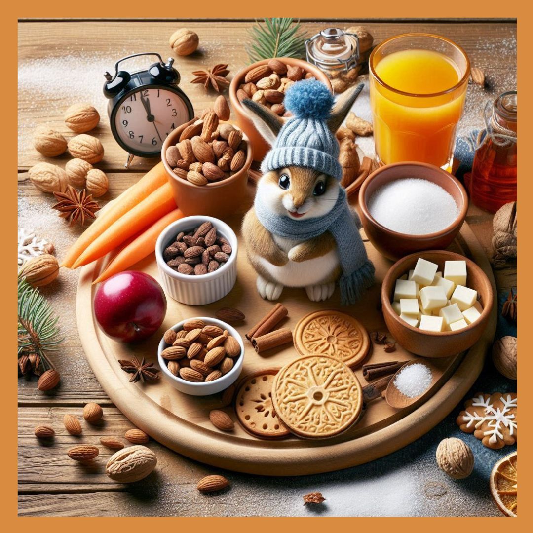 Composition gourmande pour les fêtes de fin d'année avec un lapin, des fruits, des noix et des biscuits.