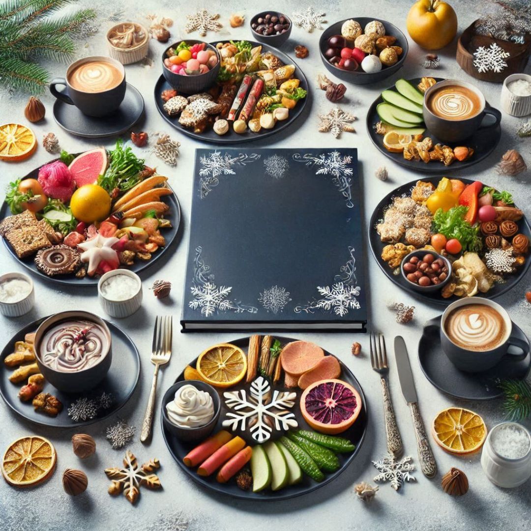 Un assortiment de plats festifs et équilibrés, comprenant des fruits, des légumes, des desserts sains et des boissons chaudes, disposés autour d'un cadre noir décoré de flocons de neige. Cette mise en scène évoque des idées de repas nutritifs et gourmands pour les fêtes d'hiver.