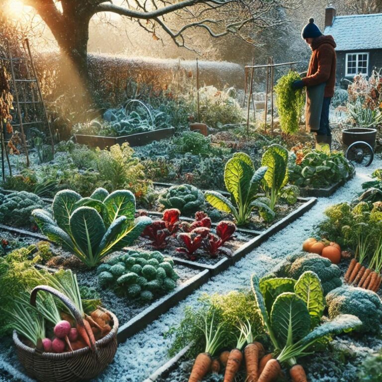 Un jardinier habillé chaudement récolte des légumes frais dans un cadre paisible, baigné par une lumière hivernale douce.