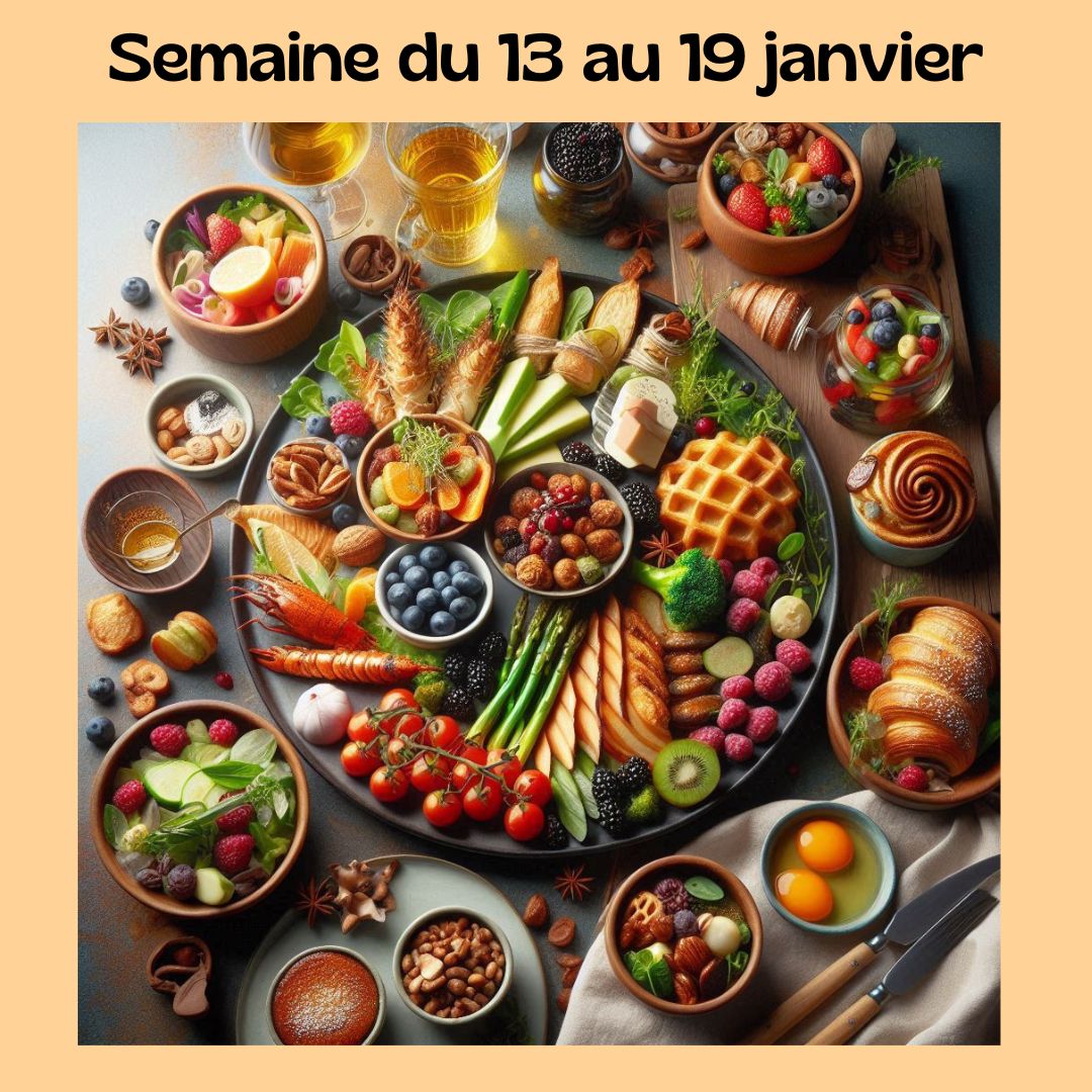 plateau généreux de brunch coloré et varié, idéal pour les amateurs de nourriture équilibrée et festive. On y retrouve des fruits frais (fraises, myrtilles, framboises, kiwis), des noix, des asperges, des croissants dorés, des gaufres croustillantes, et des boissons chaudes comme le thé ou le café. L'image est parfaite pour illustrer une semaine dédiée à la cuisine conviviale et gourmande.