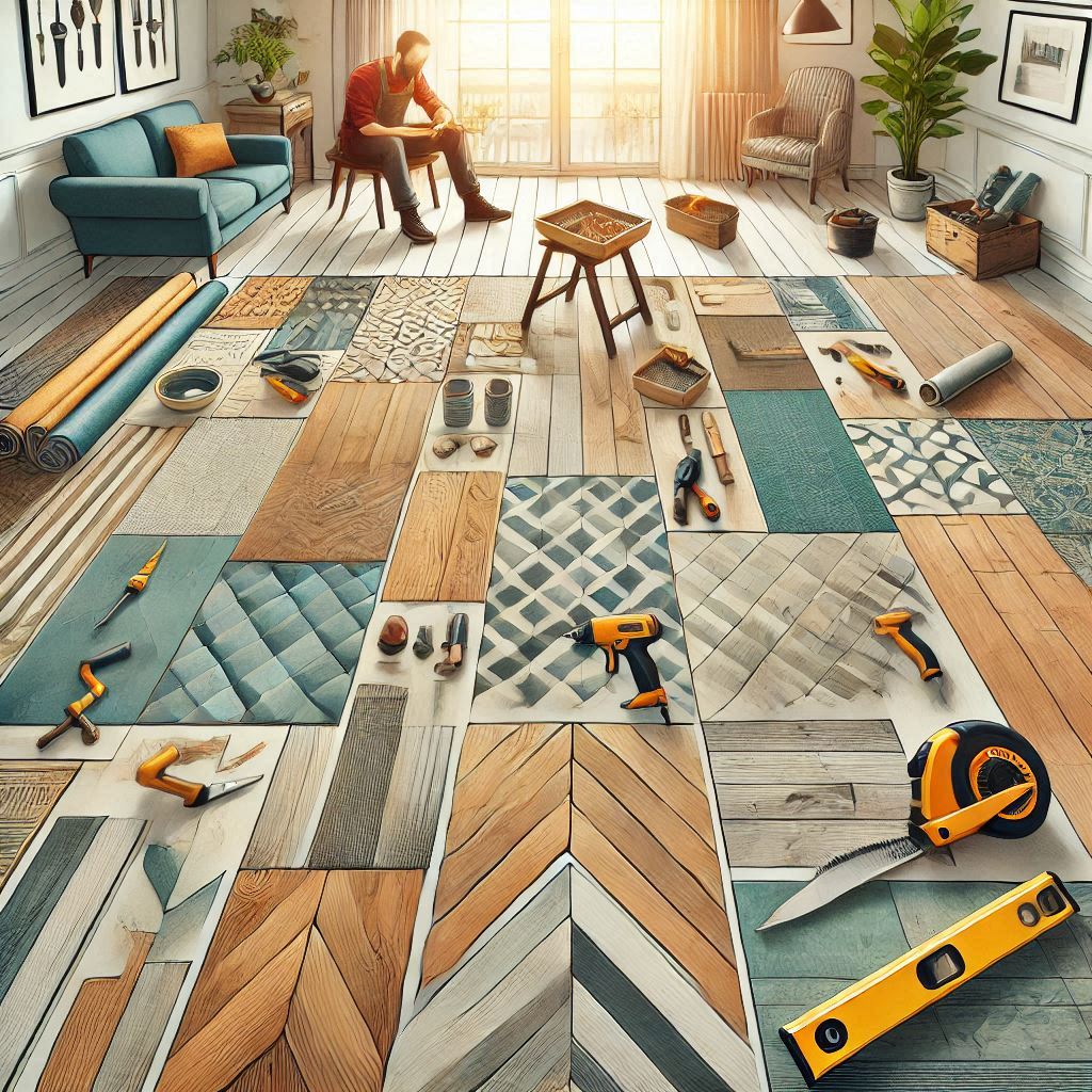 Large choix de revêtements de sol : parquet, carrelage, vinyle et outils de pose. Un aperçu des différentes options pour rénover ou décorer un sol intérieur, avec les outils nécessaires pour l'installation.