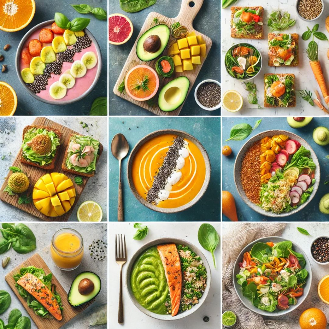 Une sélection colorée de repas sains comprenant des bols de smoothie, des tartines d'avocat, des soupes, et des salades composées, parfaites pour une alimentation équilibrée et variée.