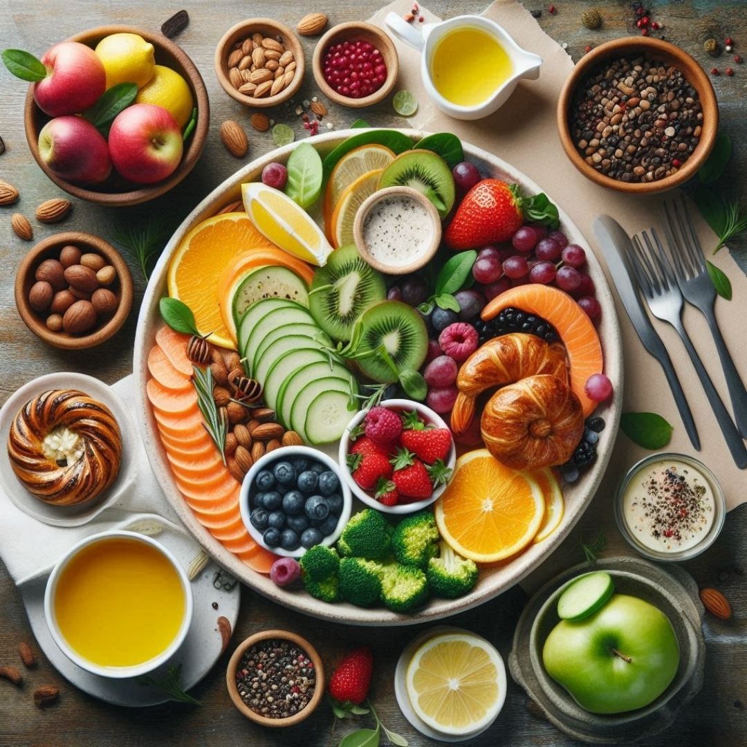 Un magnifique plateau de fruits, de légumes et de noix, idéal pour un petit dejeuner sain et équilibré. Des couleurs vives et des saveurs variées s'associent pour créer un véritable festin pour les yeux et les papilles. Ce plateau est une excellente source de vitamines, de minéraux et de fibres, essentiels pour une bonne santé.