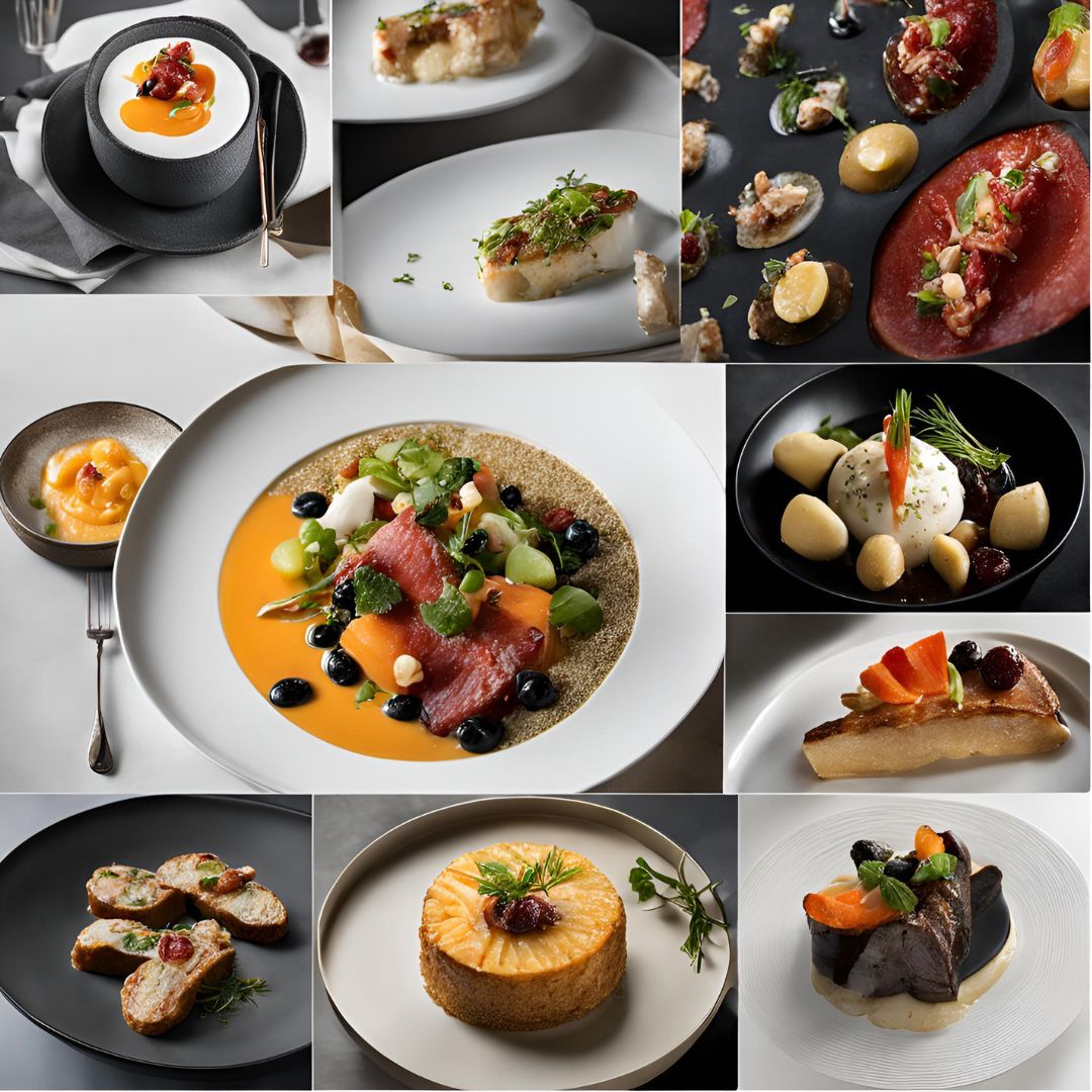 On y trouve une variété de plats, allant des entrées aux desserts, en passant par des plats principaux. Il y a des plats à base de poisson, de viande, des plats végétariens, et des desserts crémeux.