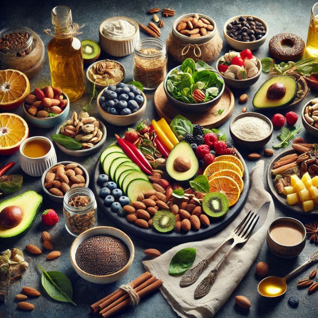 Assortiment gourmand et équilibré d'aliments naturels, présentés sur un fond clair et lumineux. Cette image invite à adopter une alimentation saine et variée, riche en vitamines, minéraux et antioxydants.