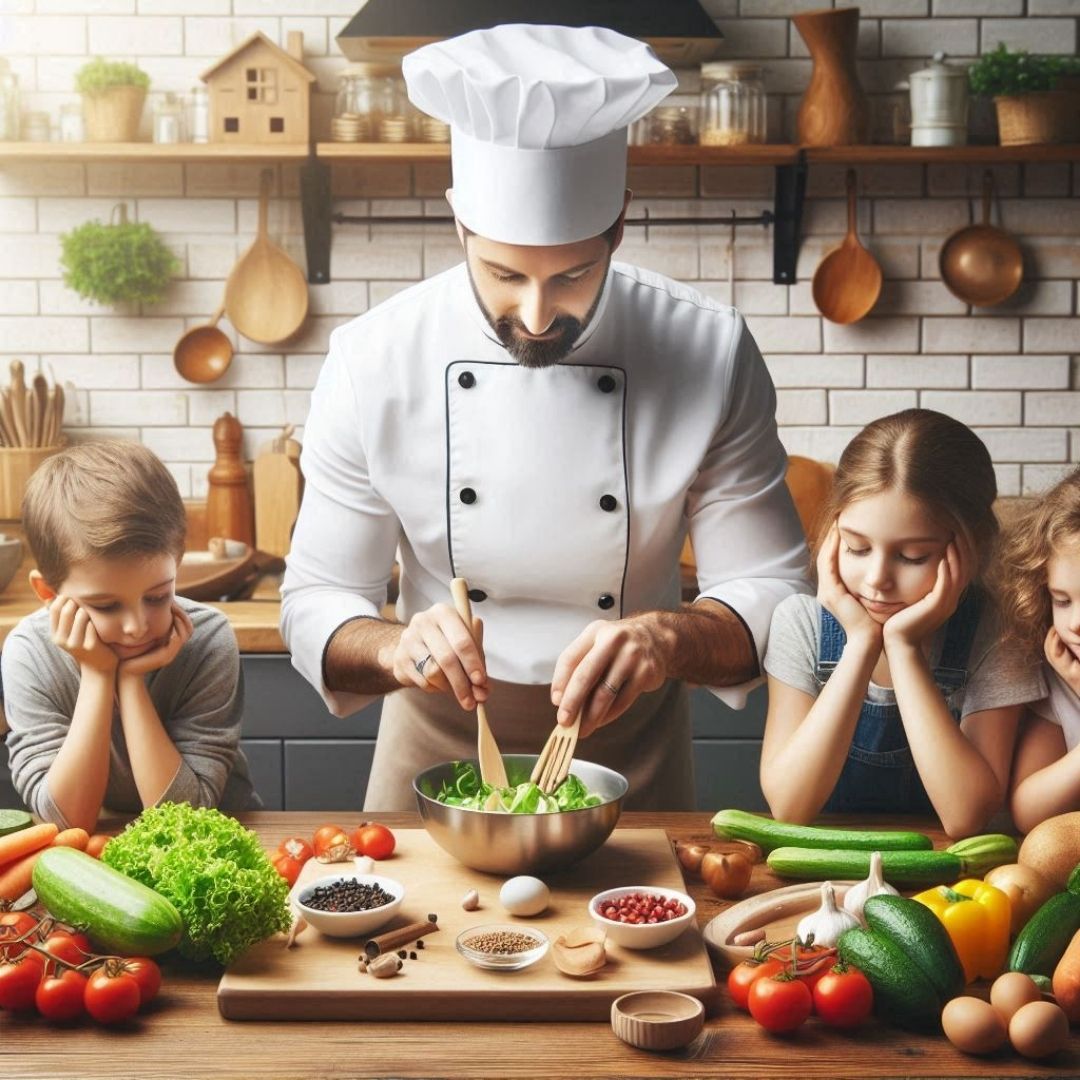 Chef cuisinier qui prépare un repas devant des enfants pour mettre en avant le fait maison